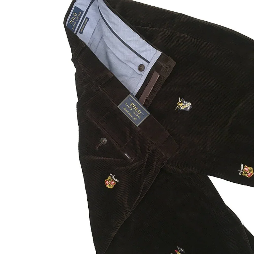 NEW $198 Polo Ralph Lauren Cords Pants!  Brown  Embroidered Crests  Classic Fit